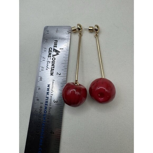 ZARA Red Cherry Dangle Earrings Playful Fruit Design Fashion Jewelry - Picture 4 of 6
